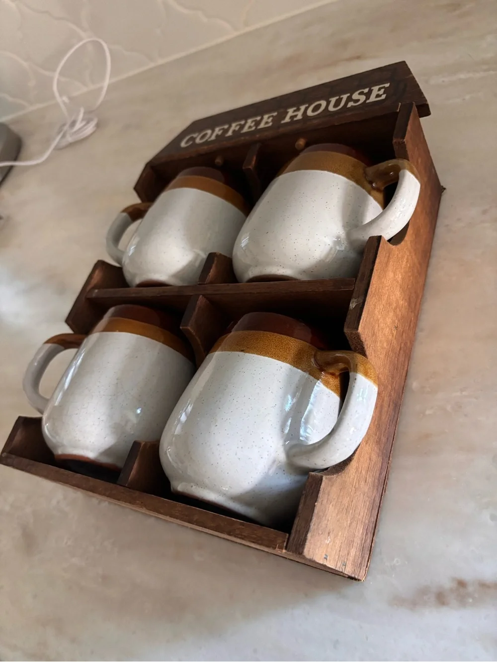 Coffee House Ceramic Mug Set with Wooden Rack - Brown & White